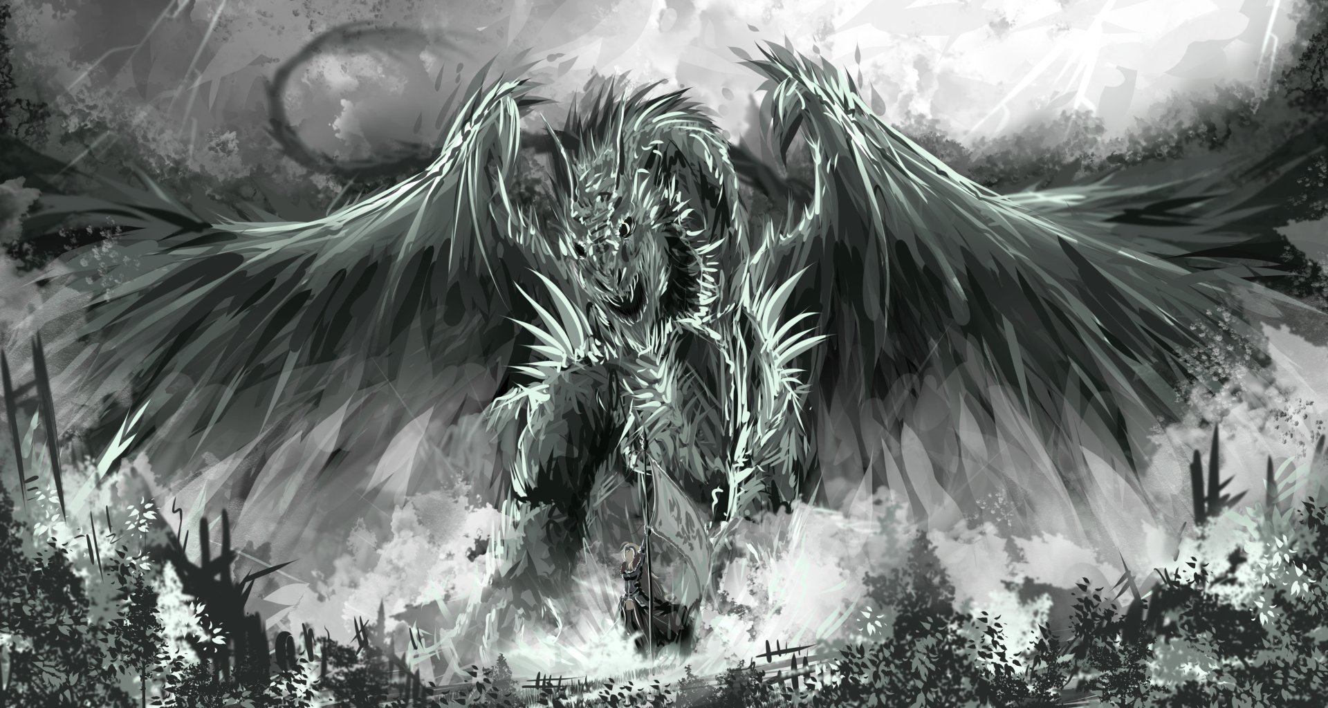 A monochrome 4K Ultra HD anime-style wallpaper featuring a fierce dragon and Jeanne d'Arc Alter as Avenger from Fate/Grand Order amid a smoky battlefield.