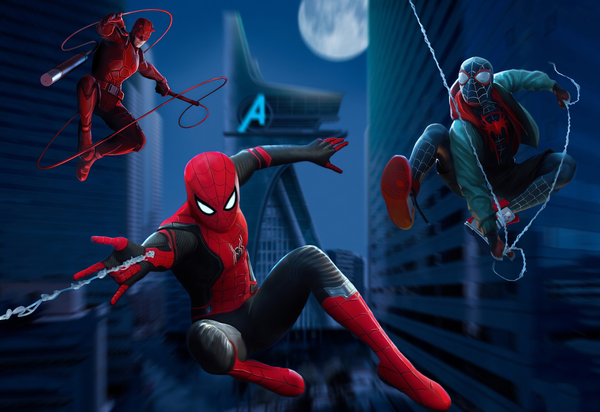 4K Ultra HD PC wallpaper: comic-style Spider-Man and Miles Morales swinging past a moonlit skyline as Daredevil surveys from above.
