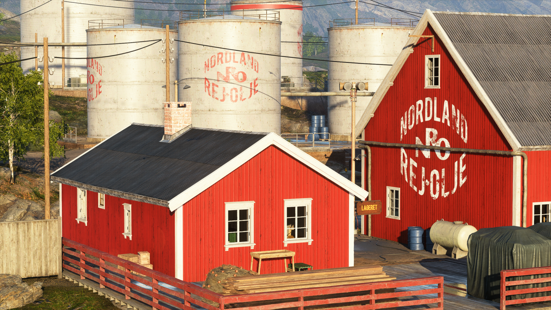 2K Quad HD PC desktop wallpaper: red Lofoten house and boathouse by fuel tanks, coastal Norwegian scene from the Battlefield V video game.