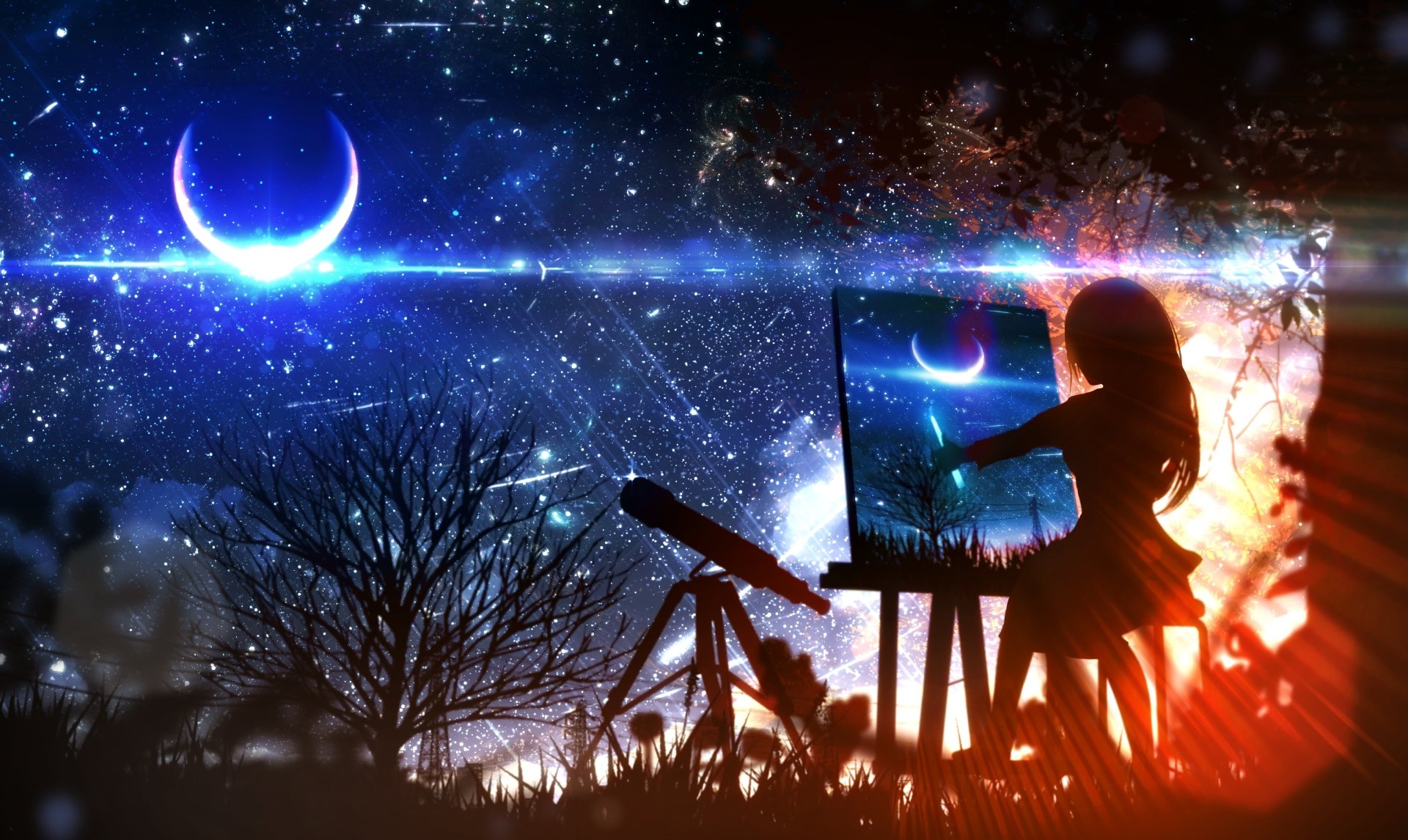 An HD desktop wallpaper featuring an anime-style night scene with a crescent moon, stars, a telescope, and a figure painting under the starry sky.