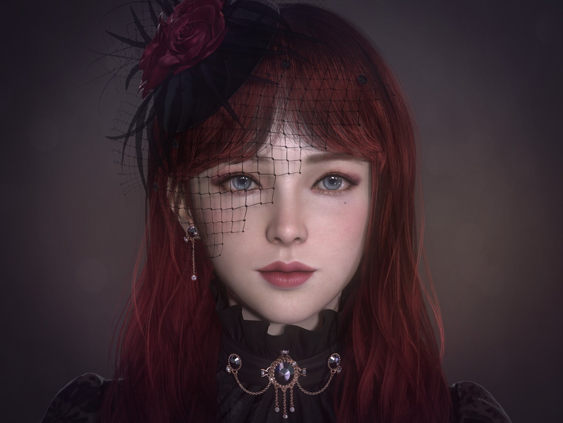 HD fantasy PC desktop wallpaper featuring a woman with red hair, adorned with jewelry, a delicate flower, and a black veil, set against a dark, moody background.