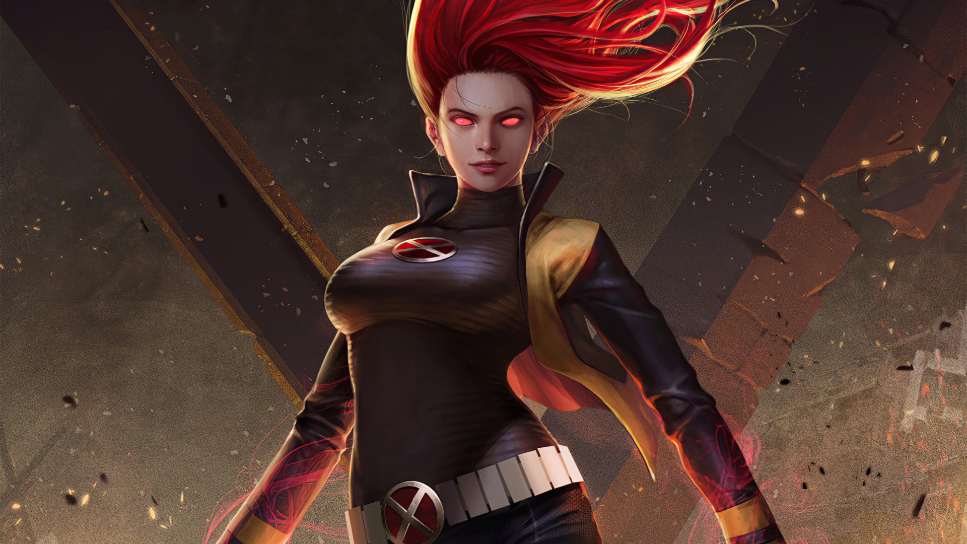 HD desktop wallpaper featuring Jean Grey from X-Men as Phoenix, with flowing red hair and glowing eyes in a dynamic comic-style illustration.
