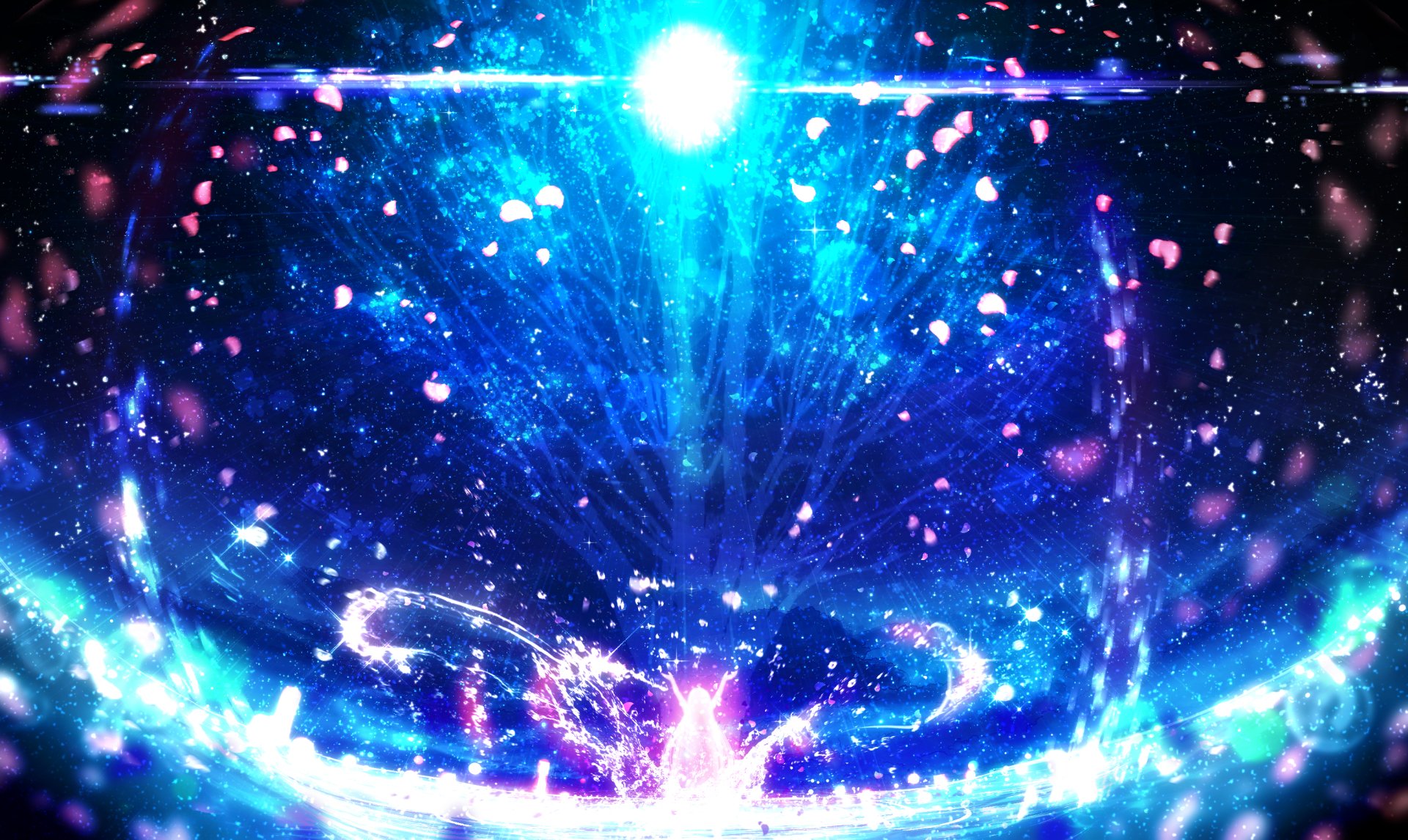 Original anime night 2K Quad HD PC desktop wallpaper: vibrant blue cosmic burst with glowing energy rings, sparkling particles and drifting pink petals under a luminescent moon.