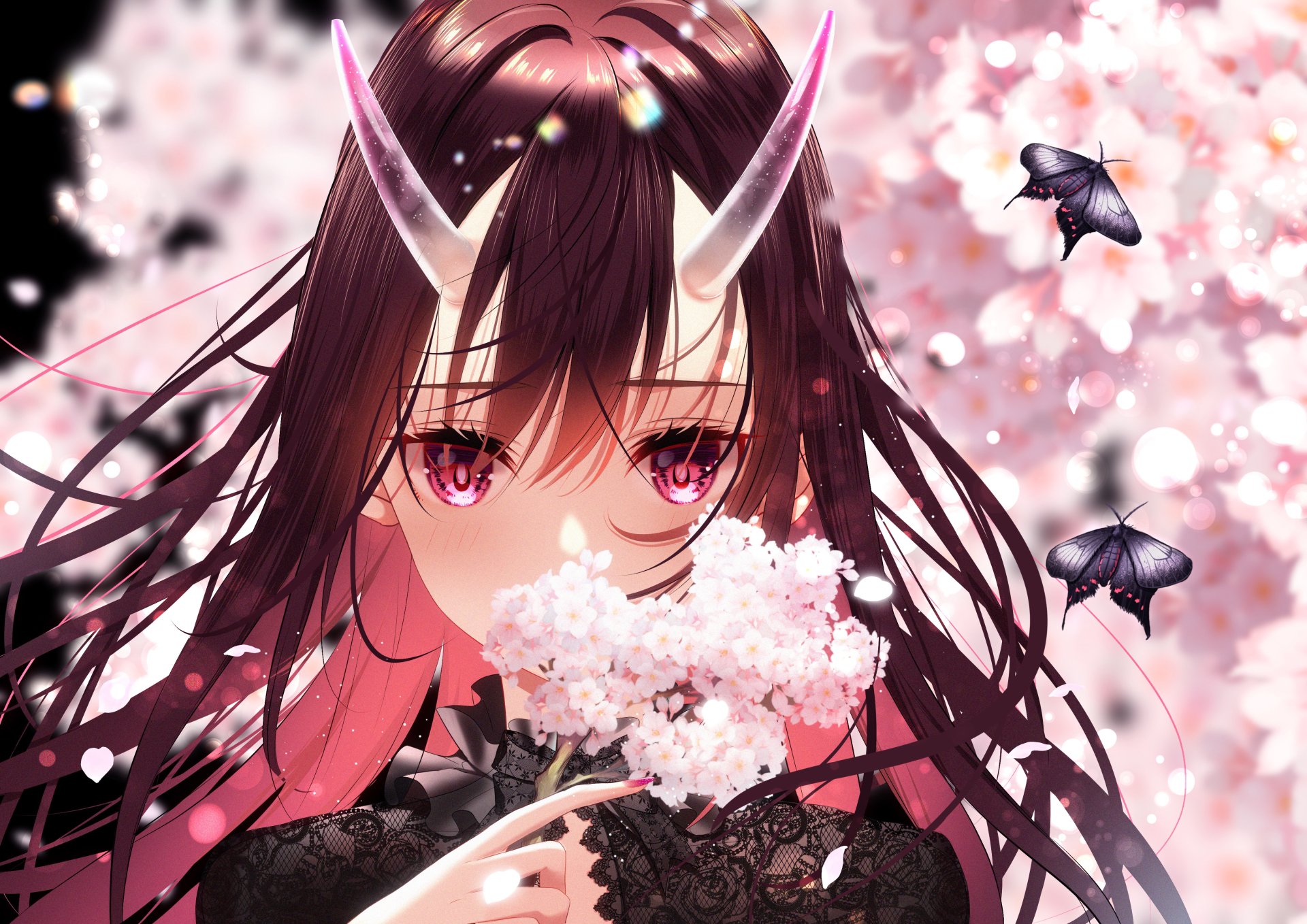Anime-style 4K Ultra HD wallpaper featuring a character with horns surrounded by cherry blossoms and butterflies in a soft, dreamy background.