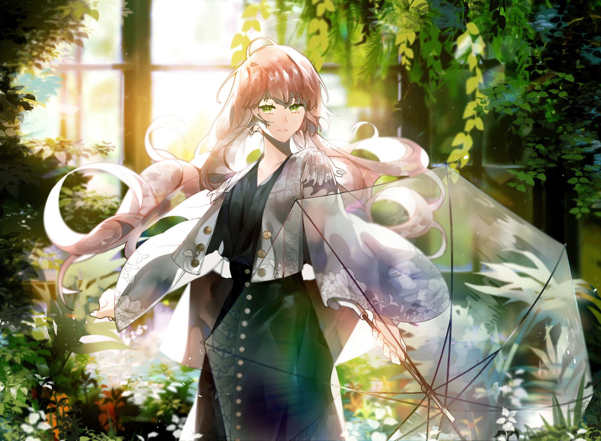 Anime-style character with flowing pink hair and striking green eyes holds a translucent umbrella, set against a bright, lush garden background in HD desktop wallpaper quality.