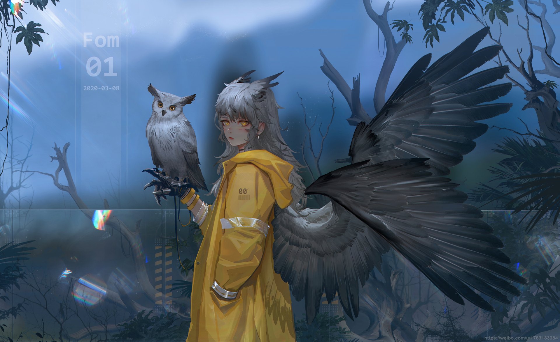 Anime-style HD PC wallpaper featuring a character with owl wings and a white owl perched on their arm, set against a misty, forested background.