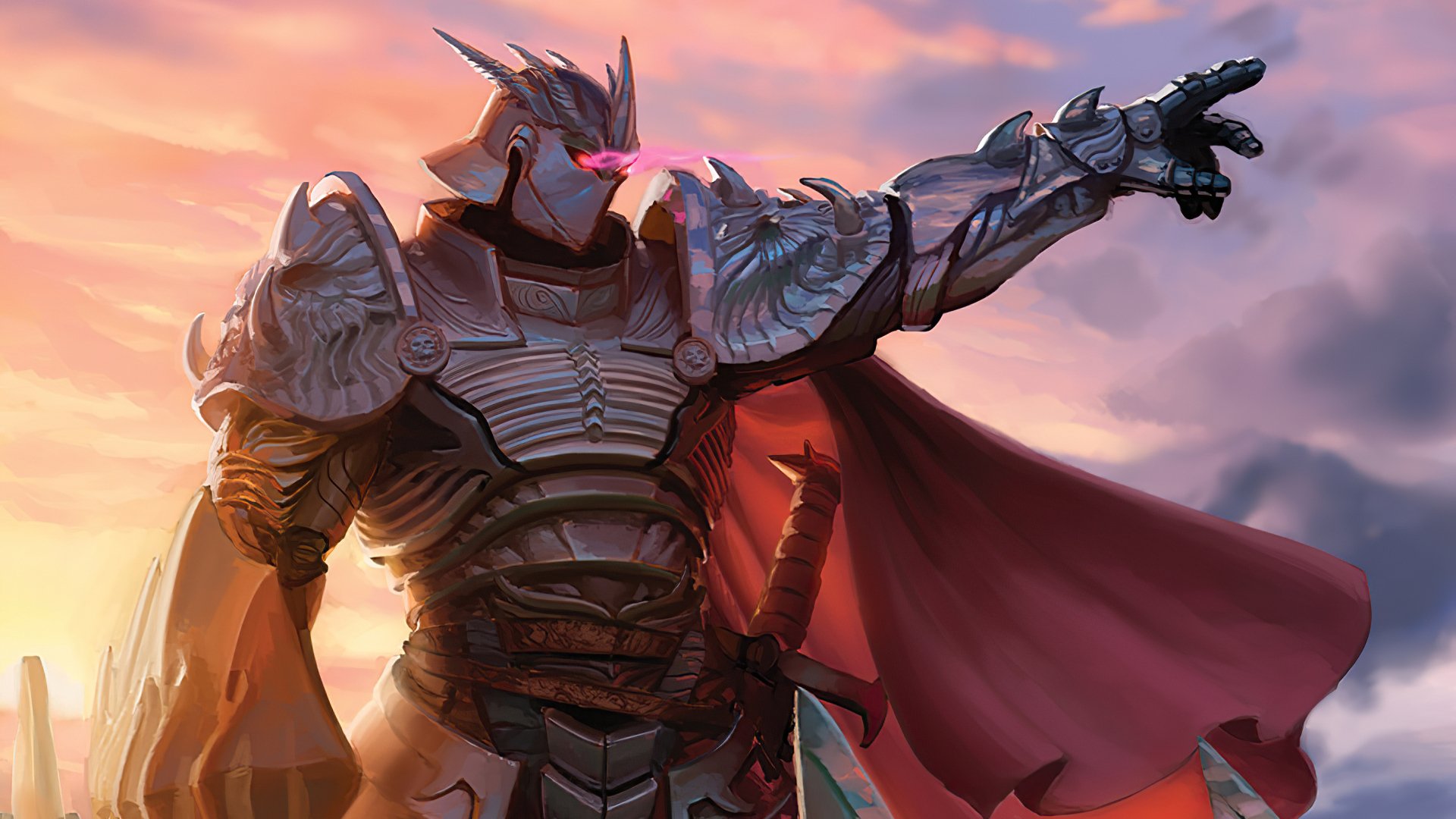 A fantasy warrior knight clad in detailed armor and a flowing red cape points forward against a vibrant sunset sky, captured in a vivid HD desktop wallpaper.