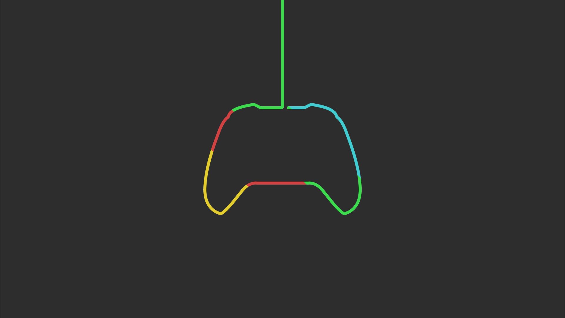 Minimalist 4K Ultra HD PC wallpaper featuring an Xbox-style video game controller outlined with a colorful single line on a dark background, embracing minimalist gaming.