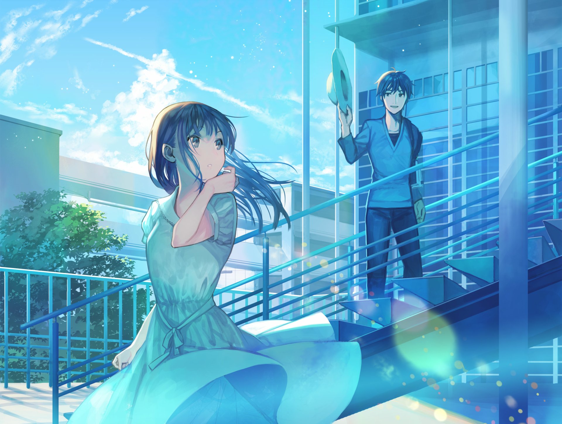 Anime original 2K Quad HD PC desktop wallpaper: a girl in a light dress on rooftop stairs looks back as a smiling boy waves, bathed in bright blue sky, sunlight and soft lens flares.