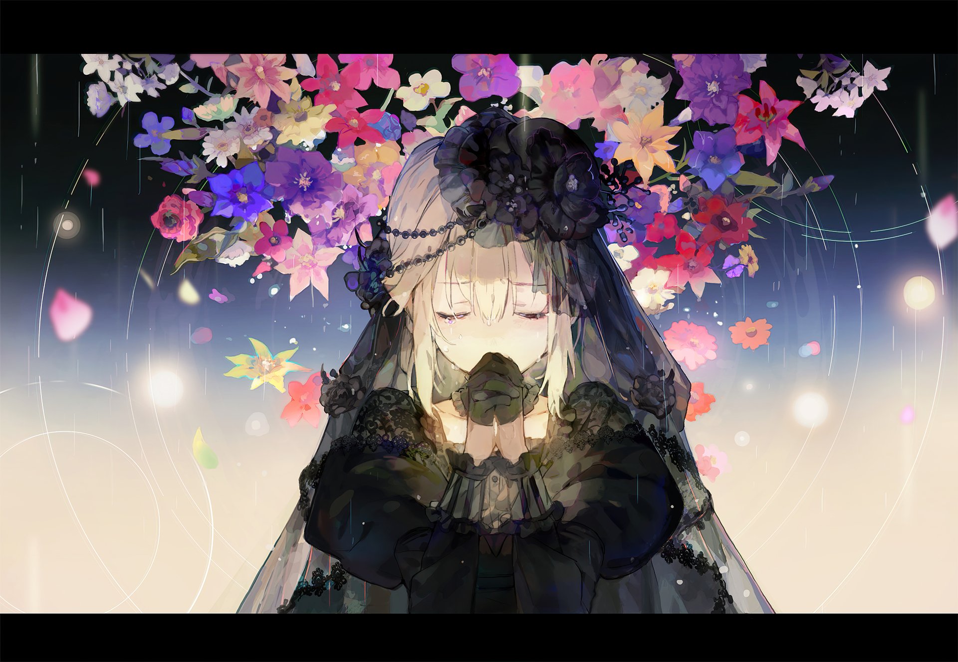 Anime original HD PC desktop wallpaper featuring a serene girl in black attire and veil, surrounded by vibrant floating flowers against a softly glowing background.