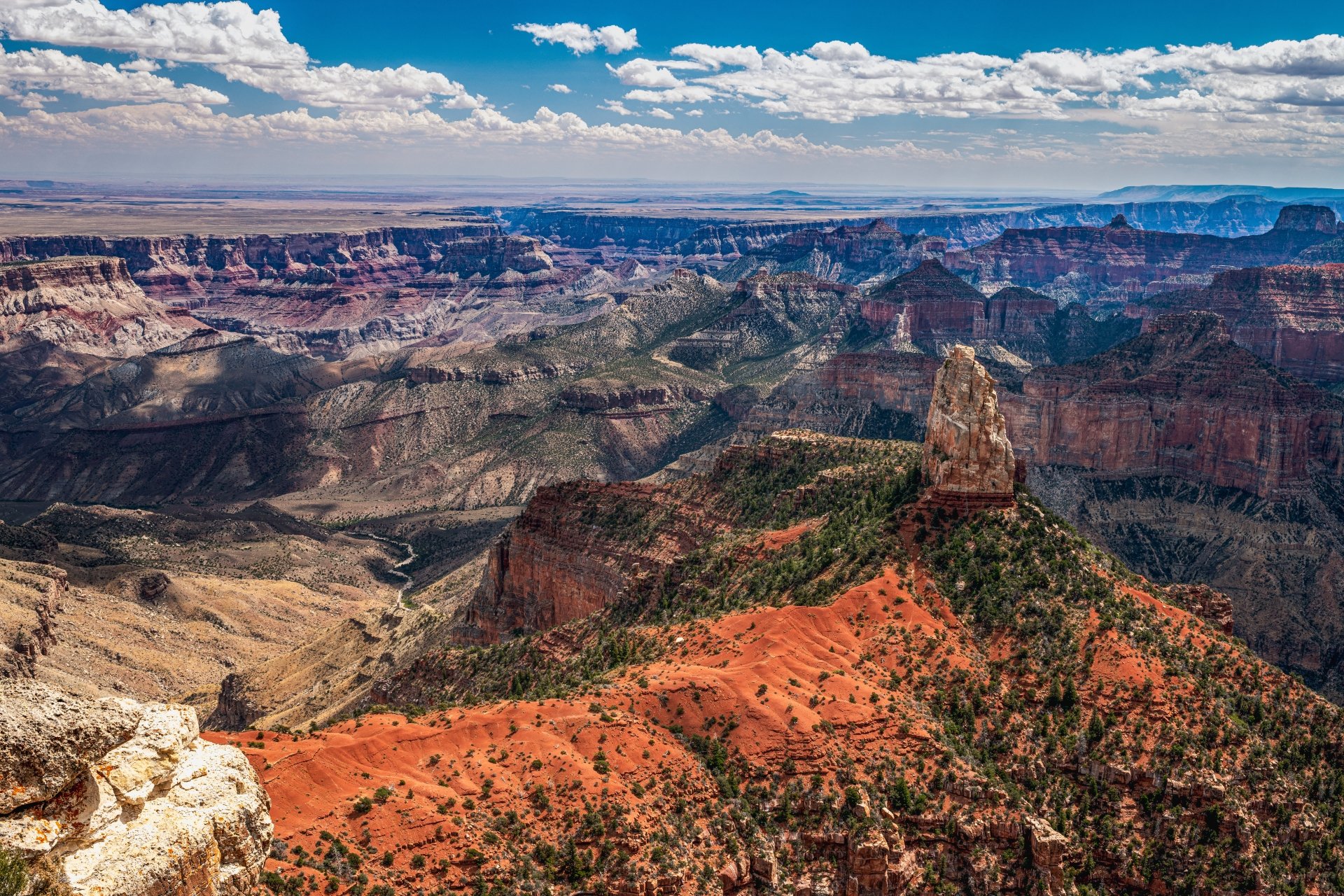 Vivid 8K Ultra HD landscape of Arizona's canyon horizon showcasing layered rock formations under a partly cloudy sky in the USA.