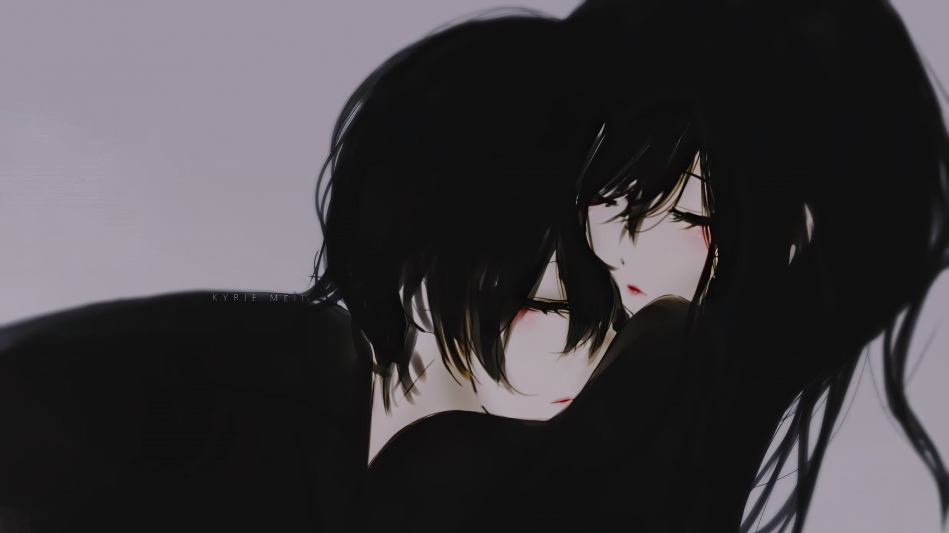 HD anime desktop wallpaper featuring a close, intimate moment between a couple with dark hair and soft expressions, capturing a tender anime couple scene.