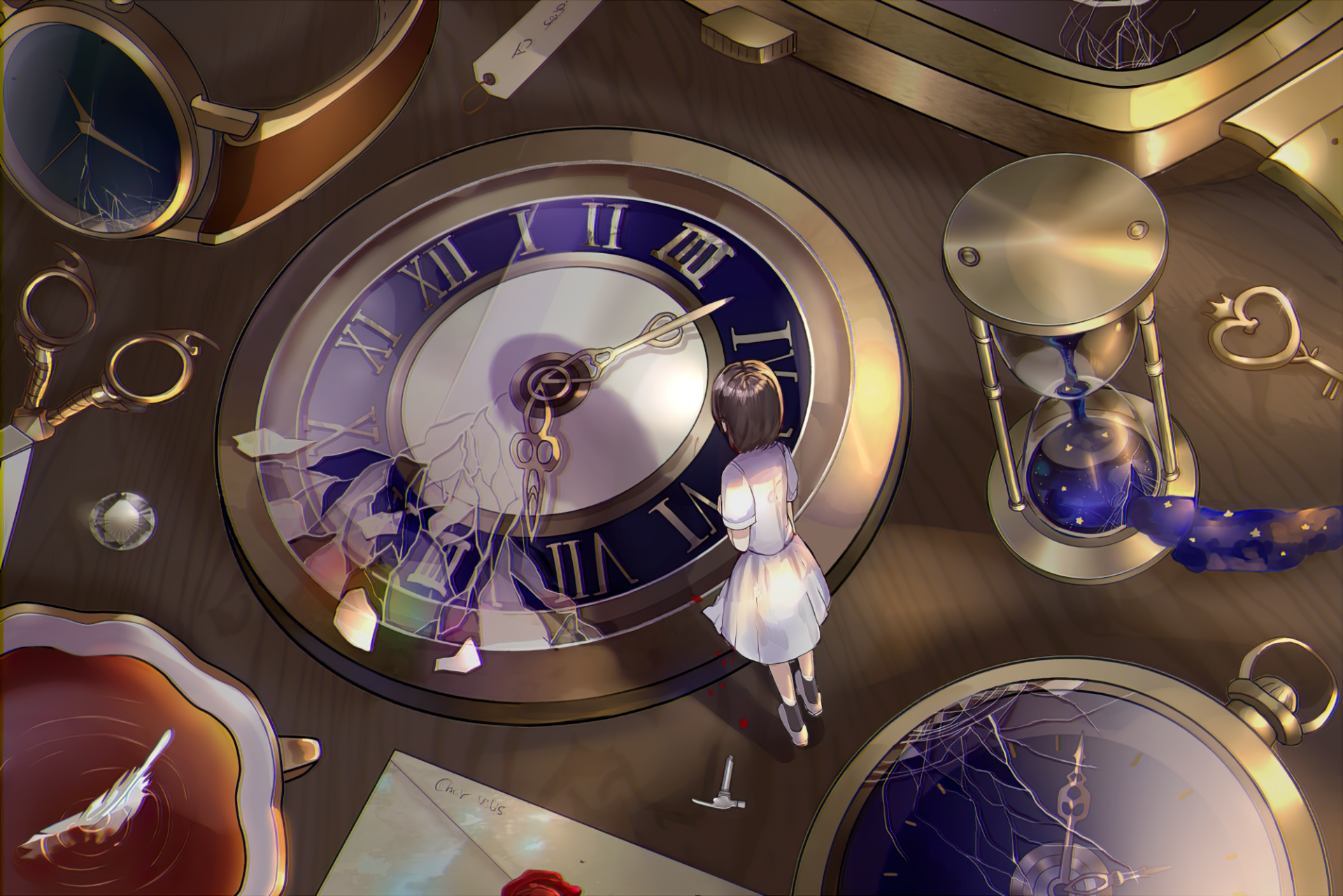 Anime-style HD PC desktop wallpaper featuring a girl interacting with a large vintage clock surrounded by hourglasses and keys, creating a mysterious, original atmosphere.