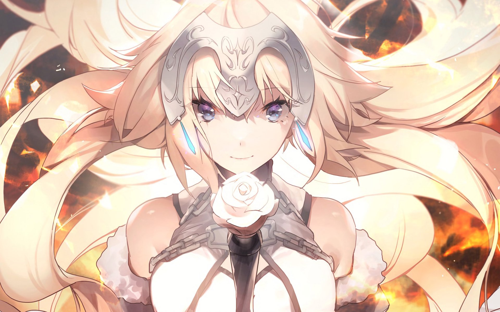 HD anime wallpaper featuring blonde Jeanne d'Arc from Fate/Apocrypha as Ruler, holding a white rose with glowing effects, from Fate/Grand Order series.