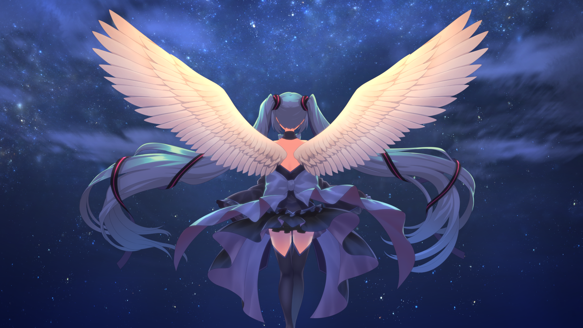 HD PC desktop wallpaper featuring Hatsune Miku from Vocaloid with large glowing wings against a starry night anime-style background.