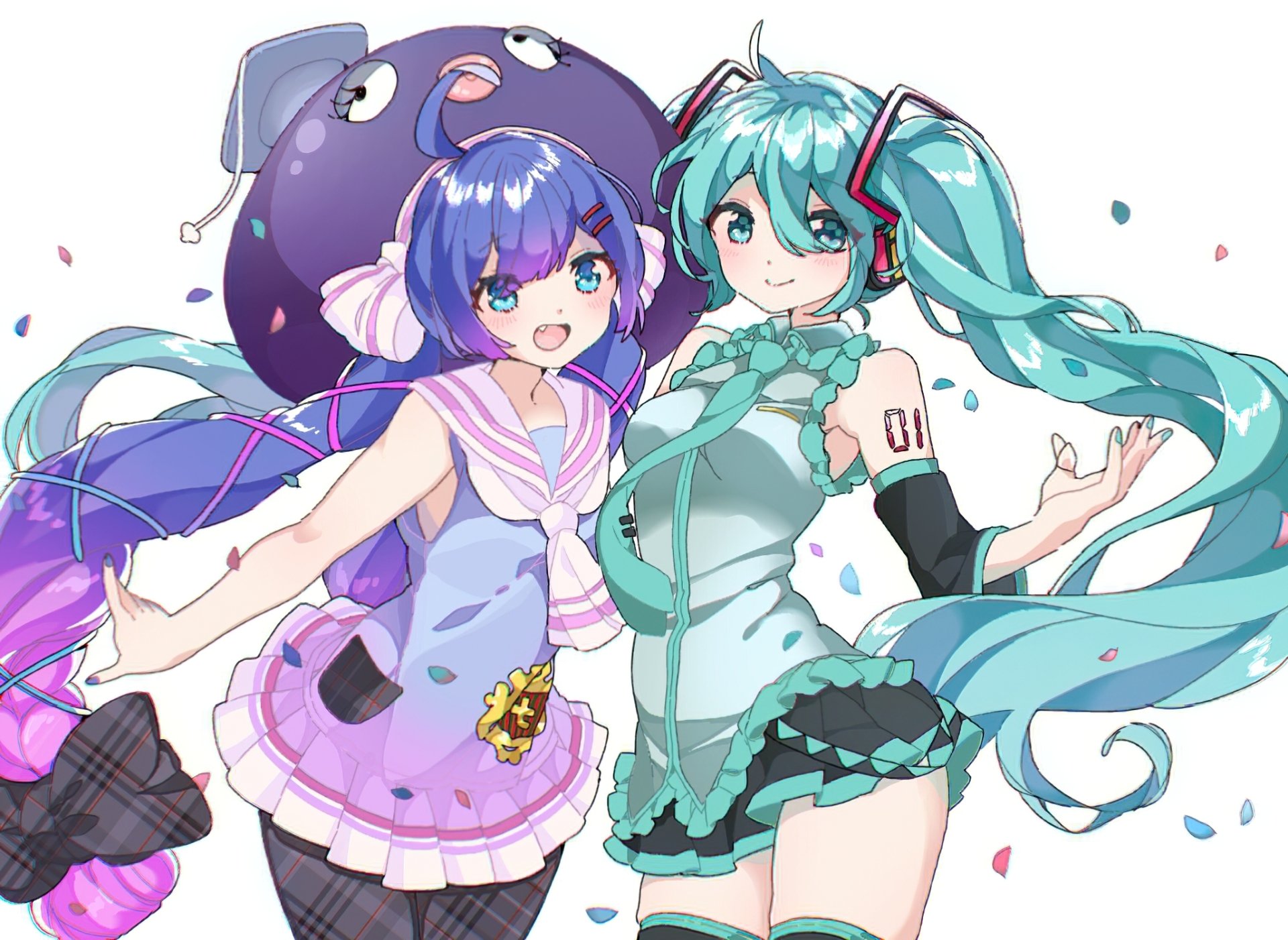 HD PC desktop wallpaper of Vocaloid anime characters Una Otomachi and Hatsune Miku posing together—Miku in teal twin‑tails and turquoise outfit, Una in a purple sailor dress with confetti accents.