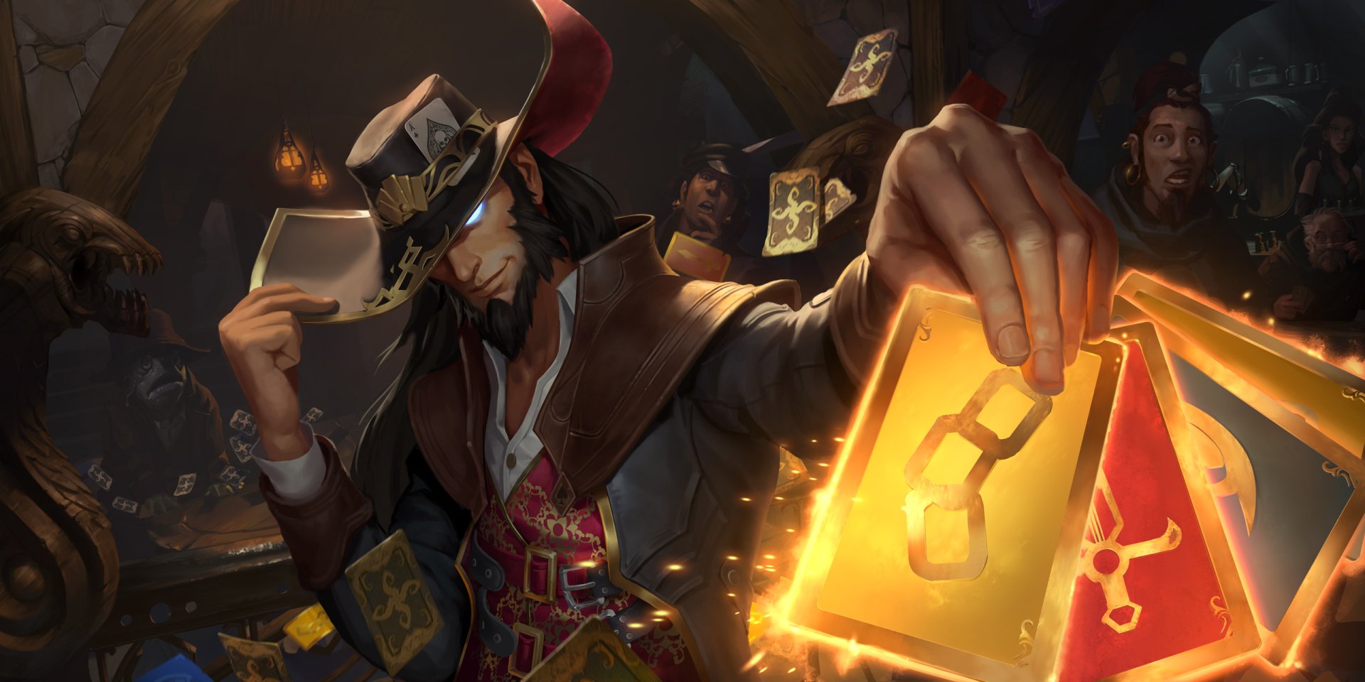 HD PC desktop wallpaper featuring Twisted Fate from League of Legends, showcasing his card magic in a dark, atmospheric setting from Legends of Runeterra.