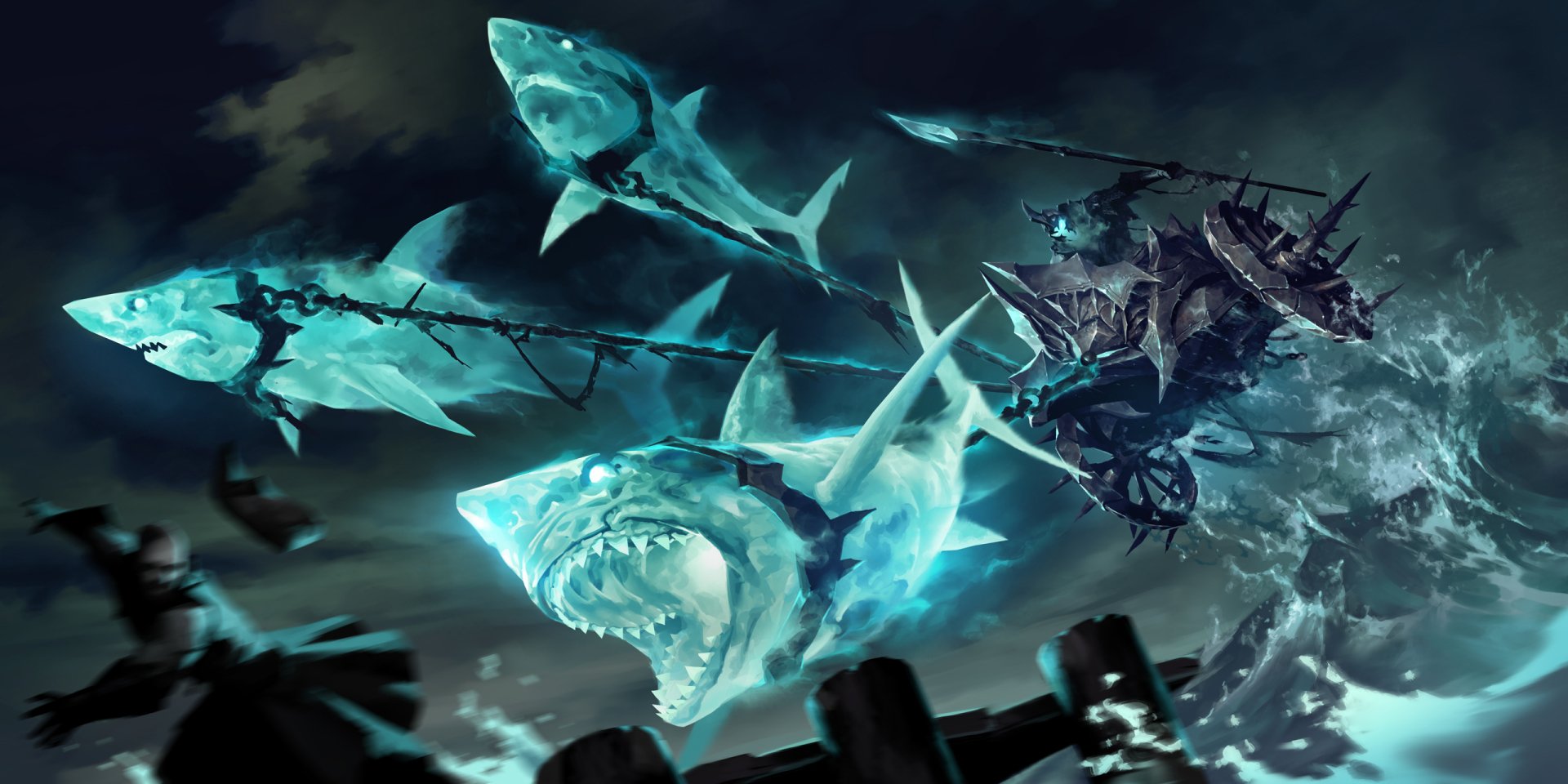 Legends of Runeterra video game HD PC desktop wallpaper/background: stormy teal scene of ghostly spectral sharks sweeping past a shattered, haunted ship.
