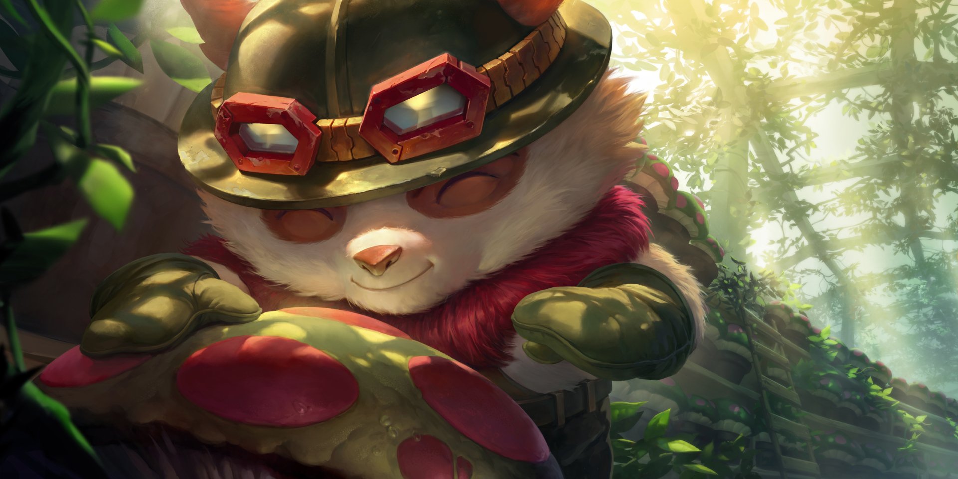 HD PC desktop wallpaper of Teemo (League of Legends) from Legends of Runeterra — cheerful yordle scout in goggles cradling a mushroom in a sunlit forest, video game artwork.