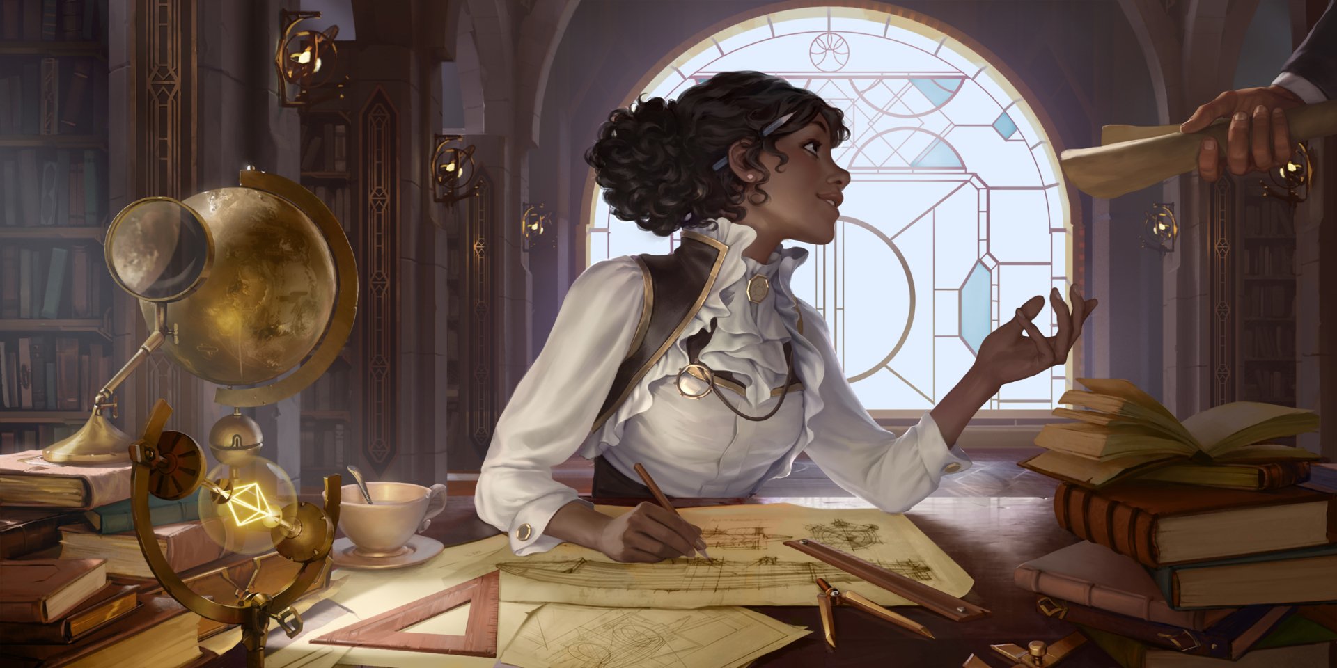 HD PC desktop wallpaper background from the video game Legends of Runeterra: a scholar in period blouse sketches arcane diagrams at a sunlit library desk.