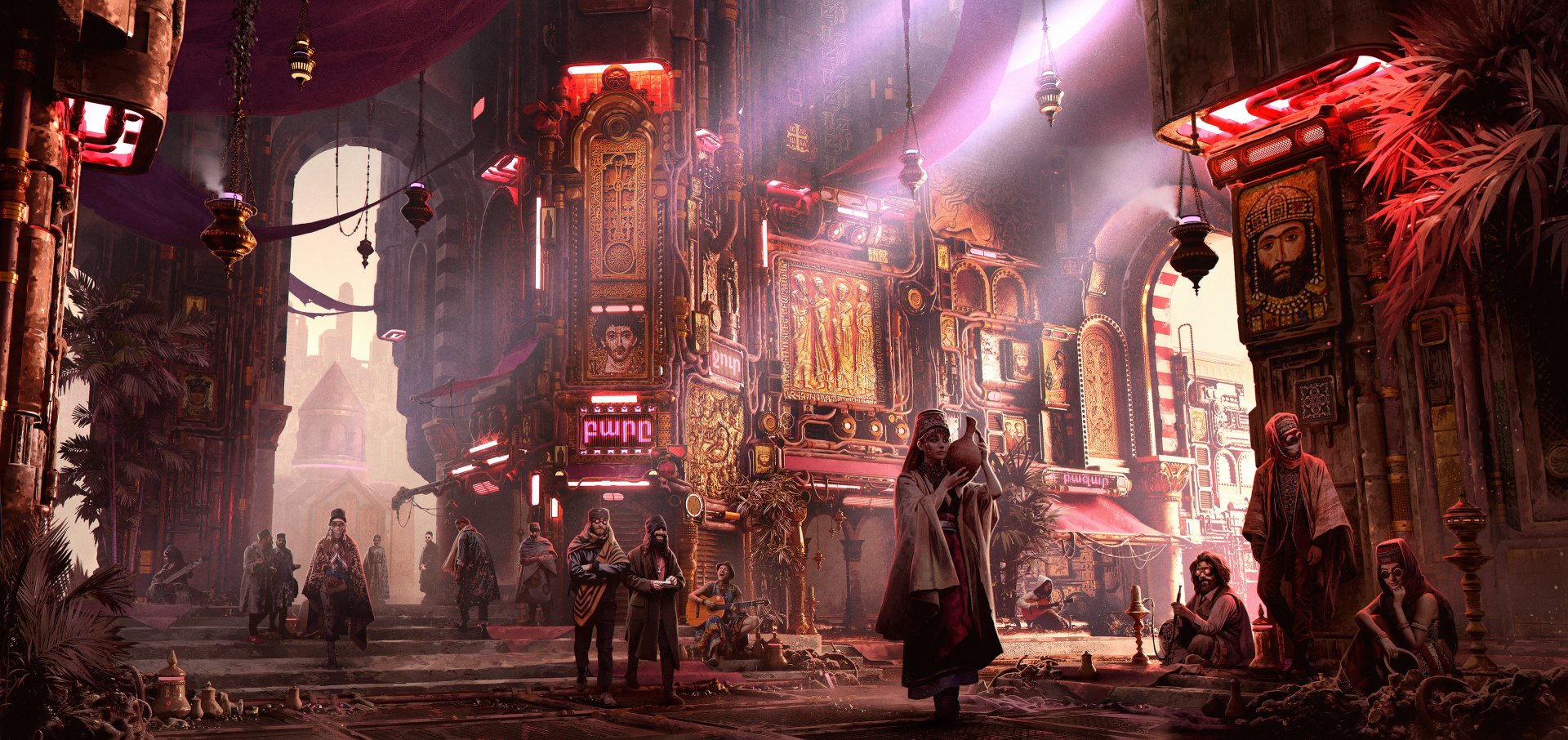 HD sci-fi cityscape featuring a bustling street scene with vibrant neon signs and futuristic architecture, captured in a detailed PC desktop wallpaper background.