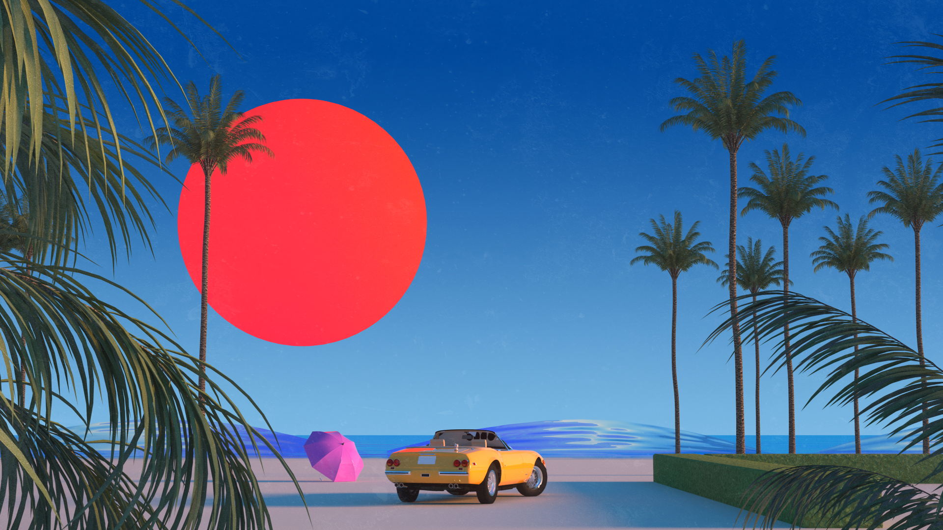 A vibrant 4K Ultra HD artistic wallpaper featuring a yellow convertible car by palm trees under a large red sun against a clear blue sky.