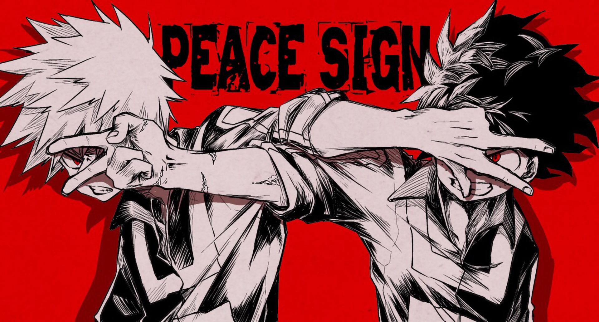 HD PC desktop wallpaper featuring Izuku Midoriya and Katsuki Bakugou from My Hero Academia, striking dynamic poses with a bold red background and Peace Sign text.