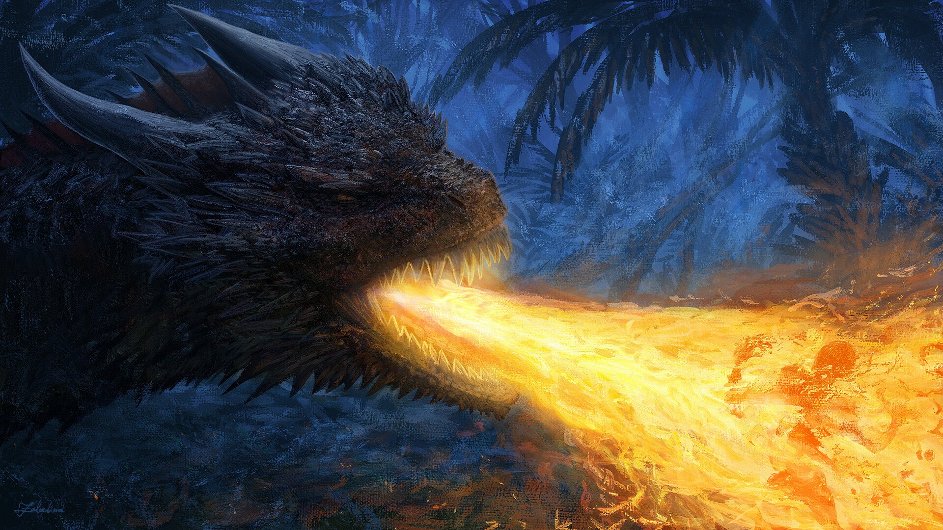 A fierce fire dragon breathes intense flames in a dark, fantasy forest setting, captured in a high-definition PC desktop wallpaper background.