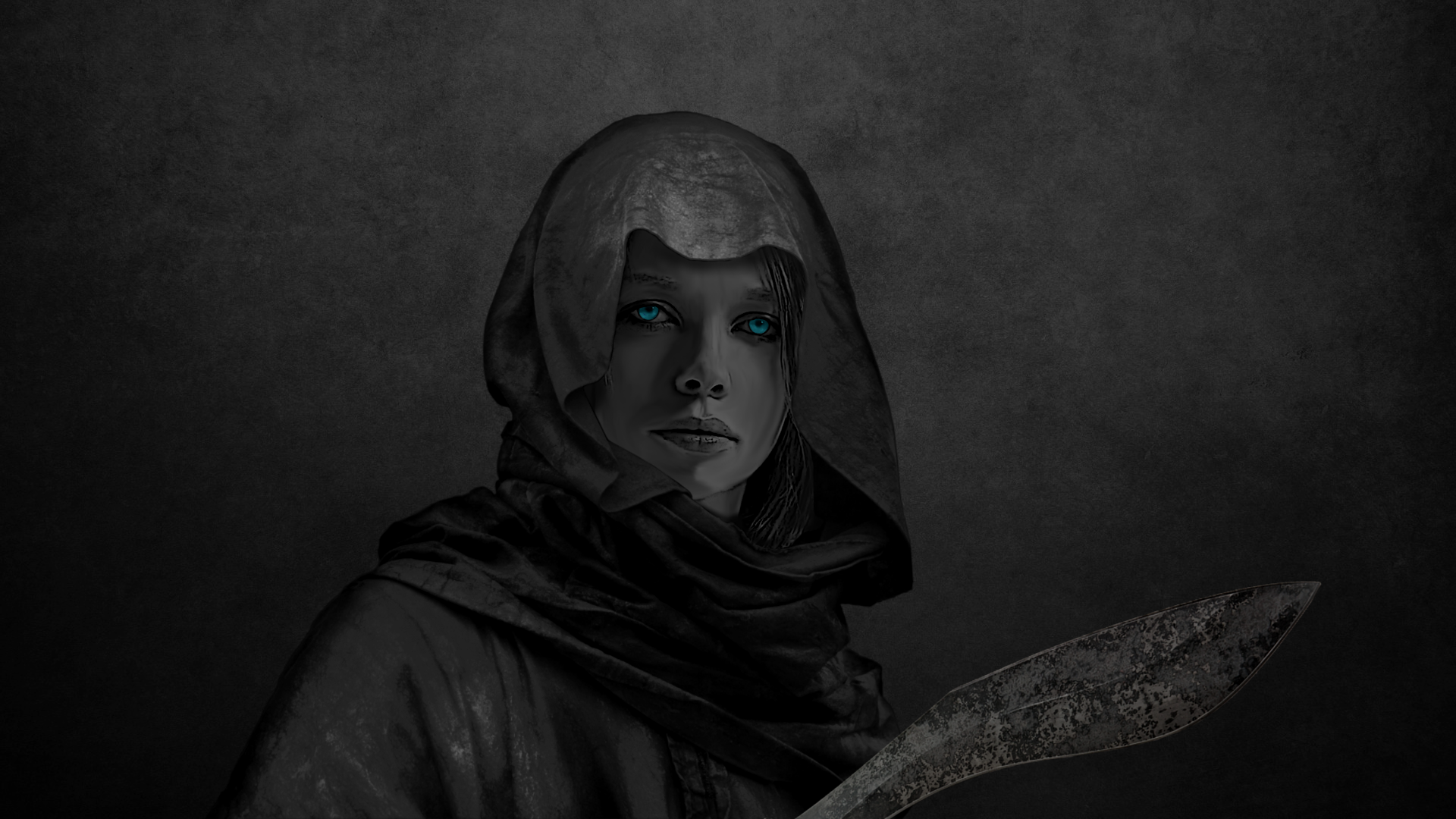 Dark HD PC desktop wallpaper of a hooded woman with a pale face and glowing teal eyes, wrapped in a scarf and holding a weathered blade against a textured gray background.