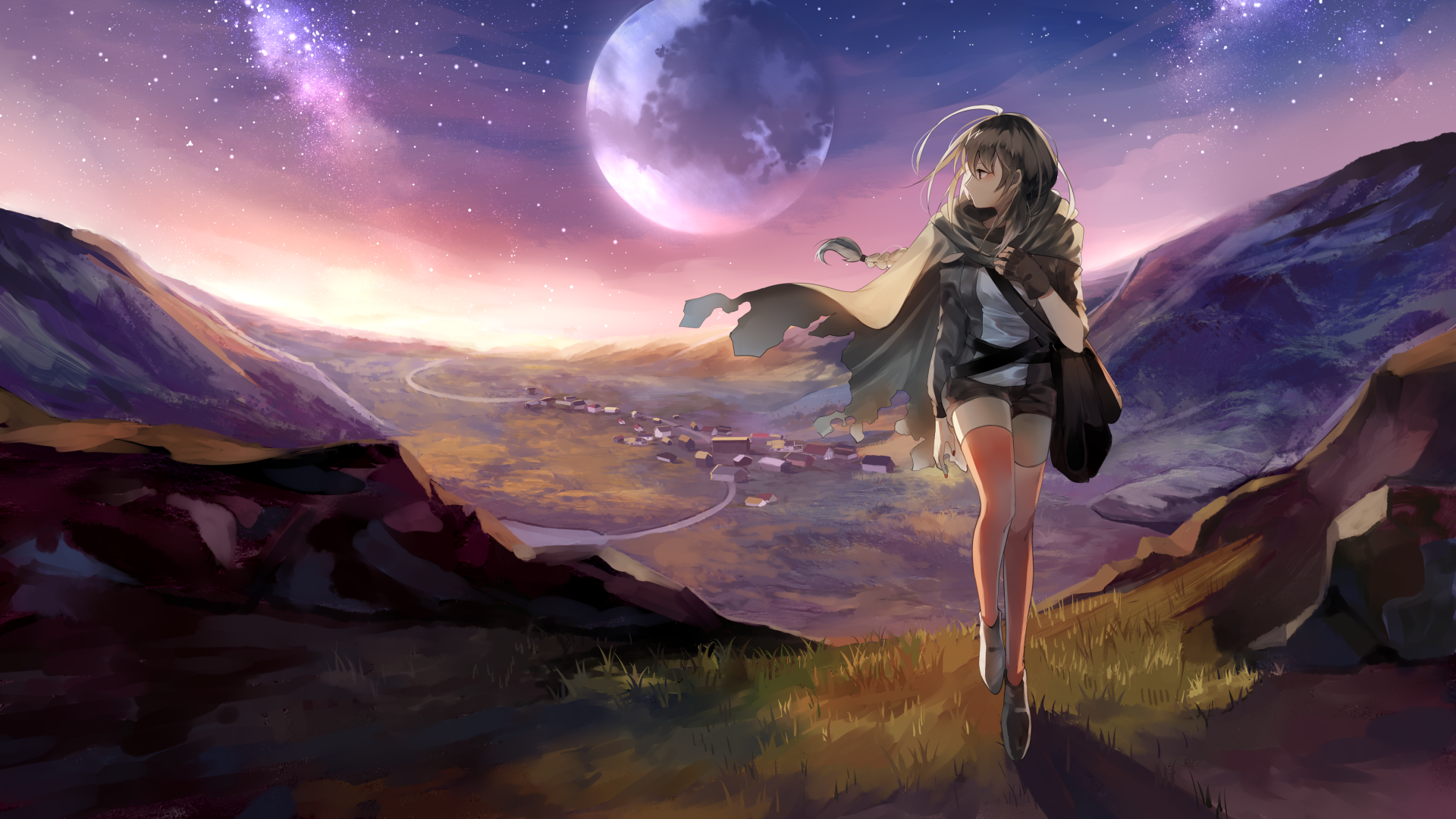 4K Ultra HD anime-style desktop wallpaper featuring Vocaloid character Yuezheng Ling walking amidst a vibrant, otherworldly landscape under a starry sky with a large moon.