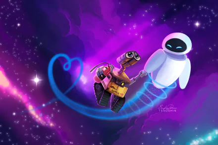 4K Ultra HD PC desktop wallpaper of Wall·E and EVE drifting through purple space, movie robots leaving a glowing heart-shaped trail.