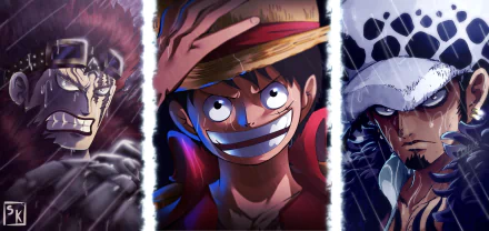 HD desktop wallpaper featuring Eustass Kid, Monkey D. Luffy, and Trafalgar Law from the anime One Piece. The image showcases intense expressions and dynamic lighting on all three characters.