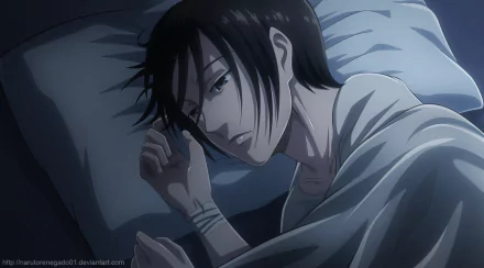HD anime wallpaper from Attack on Titan shows a close-up of a somber character lying in bed, highlighting detailed art and moody lighting for PC desktop use.