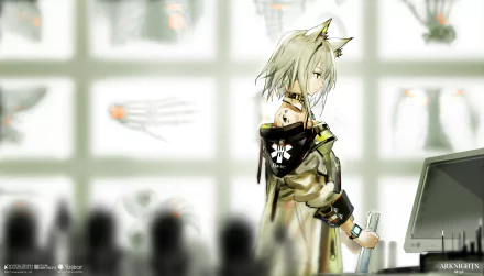 HD PC desktop wallpaper featuring Kal'tsit from the video game Arknights, showcasing her distinctive white hair and fox-like ears in a futuristic setting.