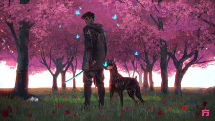 A fantasy warrior with a sword stands beside a Doberman Pinscher under vibrant pink blossom trees, surrounded by glowing blue butterflies in an HD desktop wallpaper scene.