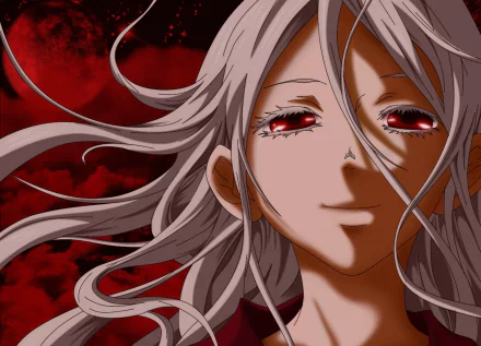 HD PC desktop wallpaper featuring Shiro from the anime Deadman Wonderland, showcasing her white hair and red eyes against a dark, intense background.