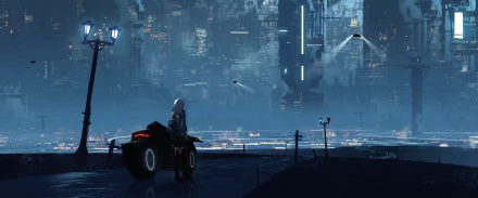 A futuristic anime scene featuring a person with white hair and a motorcycle, set against a sci-fi cityscape at night. The image is a high-definition desktop wallpaper.