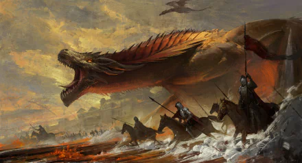 HD fantasy PC wallpaper featuring a fierce dragon attacking armored knights in battle, inspired by A Song of Ice and Fire.