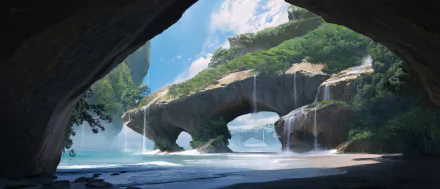 A stunning fantasy landscape featuring lush greenery, cascading waterfalls, and a serene beach, creating a captivating HD PC desktop wallpaper and background.