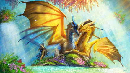 A vibrant 4K Ultra HD fantasy wallpaper showcasing two dragons in a tender embrace surrounded by colorful blossoms and ethereal light, symbolizing love and magic.