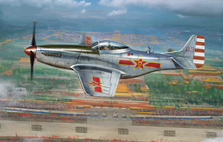 4K Ultra HD image of a North American P-51 Mustang warplane in flight, showcasing its sleek military aircraft design against a blurred landscape backdrop.