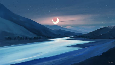 A fantasy landscape HD desktop wallpaper depicting a glowing crescent moon during a night eclipse over a mountain river under a starry sky.