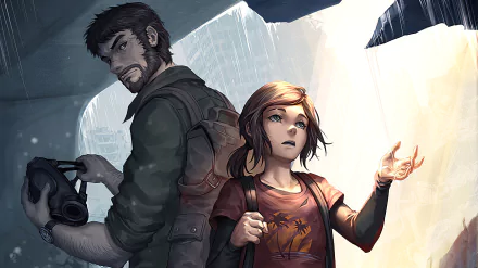 HD PC desktop wallpaper featuring Ellie and Joel from the video game The Last of Us Part II, captured in a dramatic, post-apocalyptic setting.
