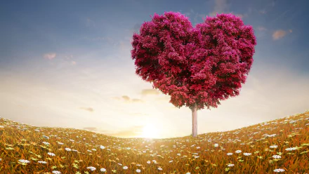 HD desktop wallpaper featuring a field with a tree shaped like a heart, symbolizing love, under a clear sky. The scene evokes an artistic and serene atmosphere.