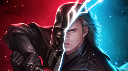 HD PC desktop wallpaper featuring a split image of Anakin Skywalker and Darth Vader, highlighting the Sith legacy in Star Wars sci-fi universe.
