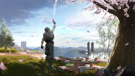 A Playerunknown's Battlegrounds scene with a flare shooting into the sky, set in a detailed landscape with cherry blossoms, rendered in 4K Ultra HD for PC wallpaper.