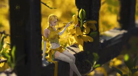 A blonde elf with short hair dressed in yellow sits among vibrant yellow flowers in a fantasy setting, captured in HD for a PC desktop wallpaper.