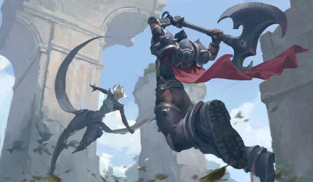 HD PC desktop wallpaper featuring Camille and Darius from League of Legends in dynamic action poses within a ruined architectural setting.