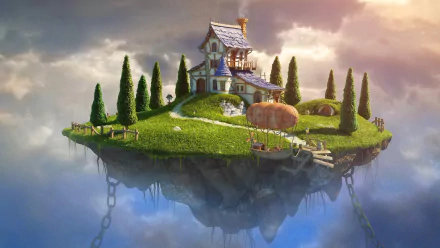 Fantasy scene of a floating island with a charming house surrounded by trees and lush grass, set against a backdrop of clouds. HD desktop wallpaper and background.