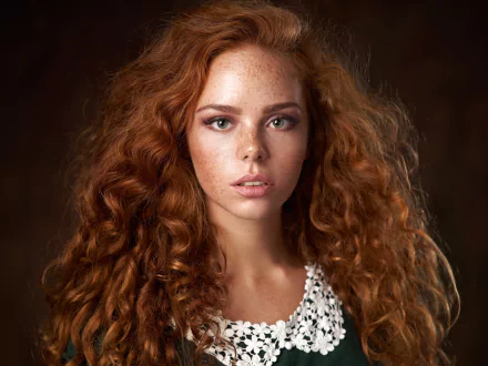 HD desktop wallpaper featuring Erika Postnikova, a redhead model with freckles, green eyes, and voluminous curly hair against a dark background.